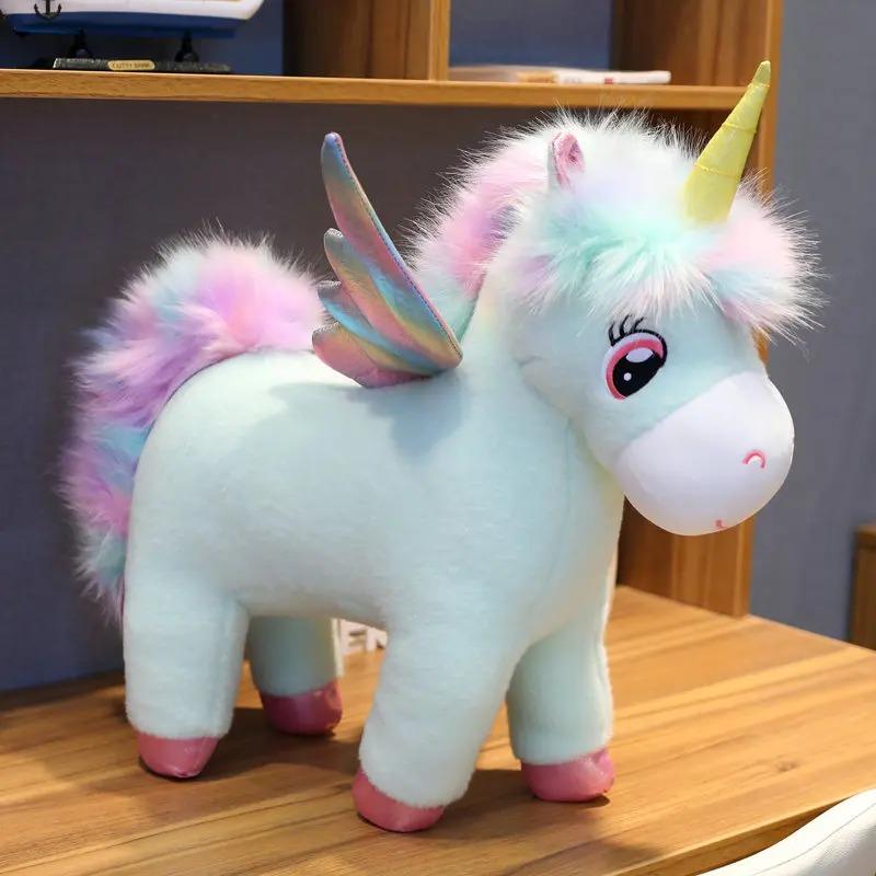 Kawaii Unicorn with Wing Plush Toys Soft Stuffed Doll Animal Fluffy Hair Fly Horse Pillow Cousion for Girl Birthday Gift Kid Toy
