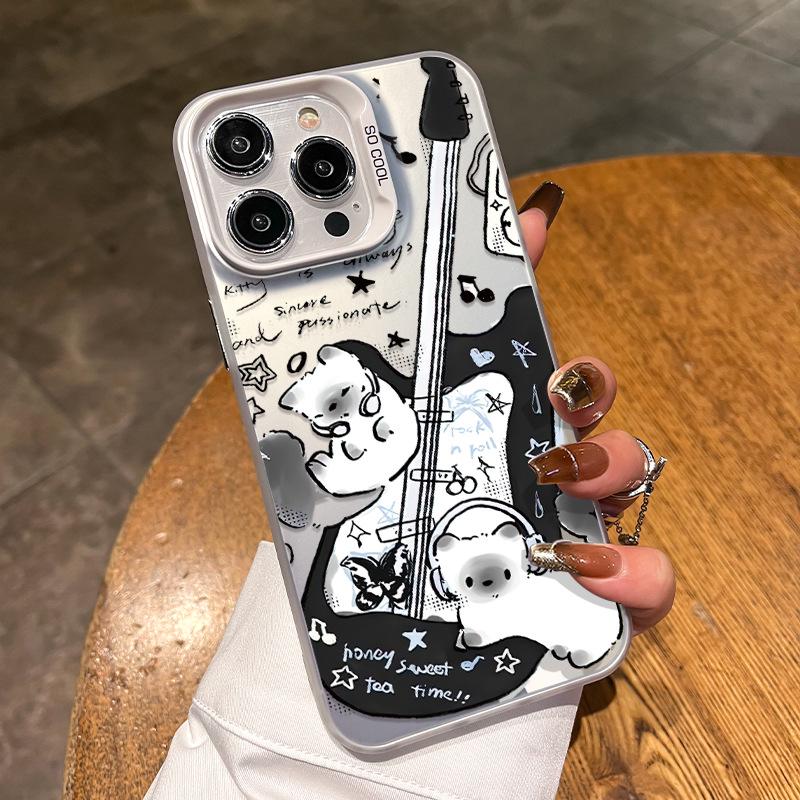 Custodia per Telefono Gatto Chitarra Argento per iPhone 12 Pro Max a 17/16/15 Plus/14/13