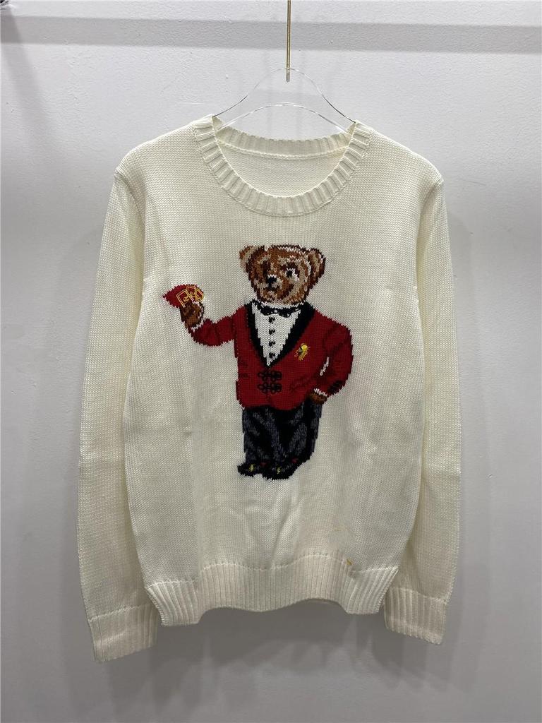 Cartoon Bear Embroidered Jacquard Knit Sweater - Women's Long Sleeve Round Neck