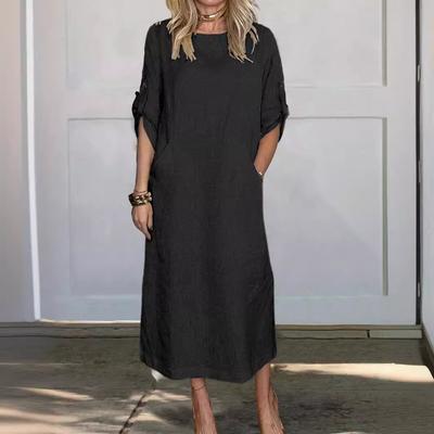 New European And American Style European And American Style Summer Style Loose Casual Solid Color Short-Sleeved Cotton And Linen Dress