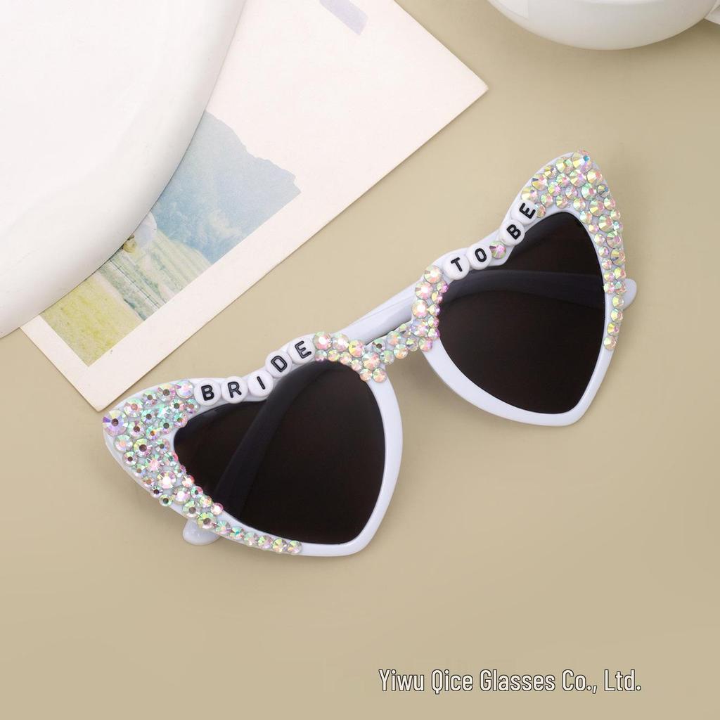 Heart-shaped Rhinestone Wedding Sunglasses for Bride - Pearl Bridal Party Glasses (White)
