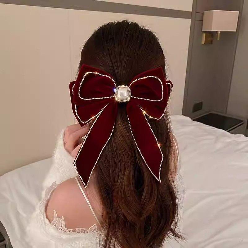 Red Bow Pearl Hair Clip: Autumn & Winter Princess Style, Bridal Toast, New Year Headwear