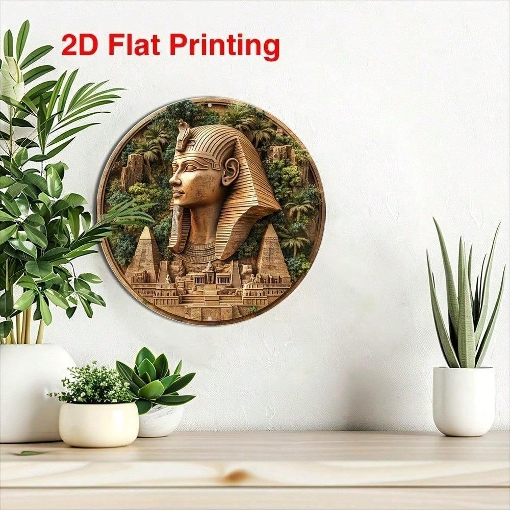 Vintage Egyptian Pharaoh Aluminum Wall Art, 8x8 Inch Round Metal Sign for Home Living Room Kitchen Decor