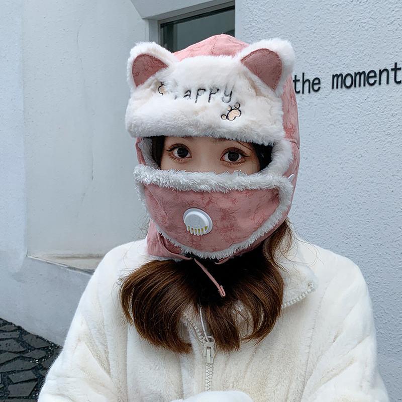 Happy Letter Cat Paw Pattern Ear Protectors Plush Cap Outdoor Warmth Thickened