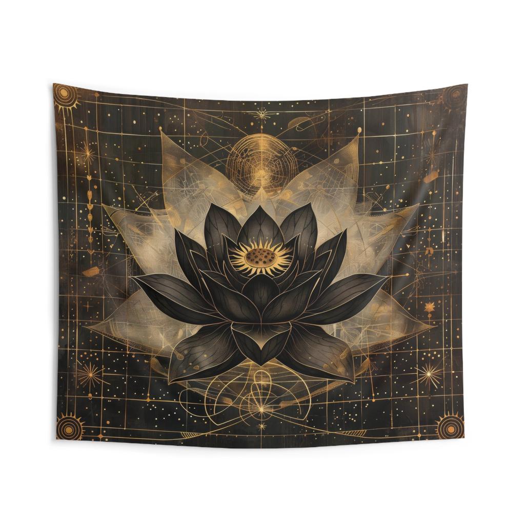Black Lotus Blossom Indoor Wall Tapestry Dark Occult Design Sacred Geometry Aesthetic Enchanting Bedroom Living and Dorm Roo