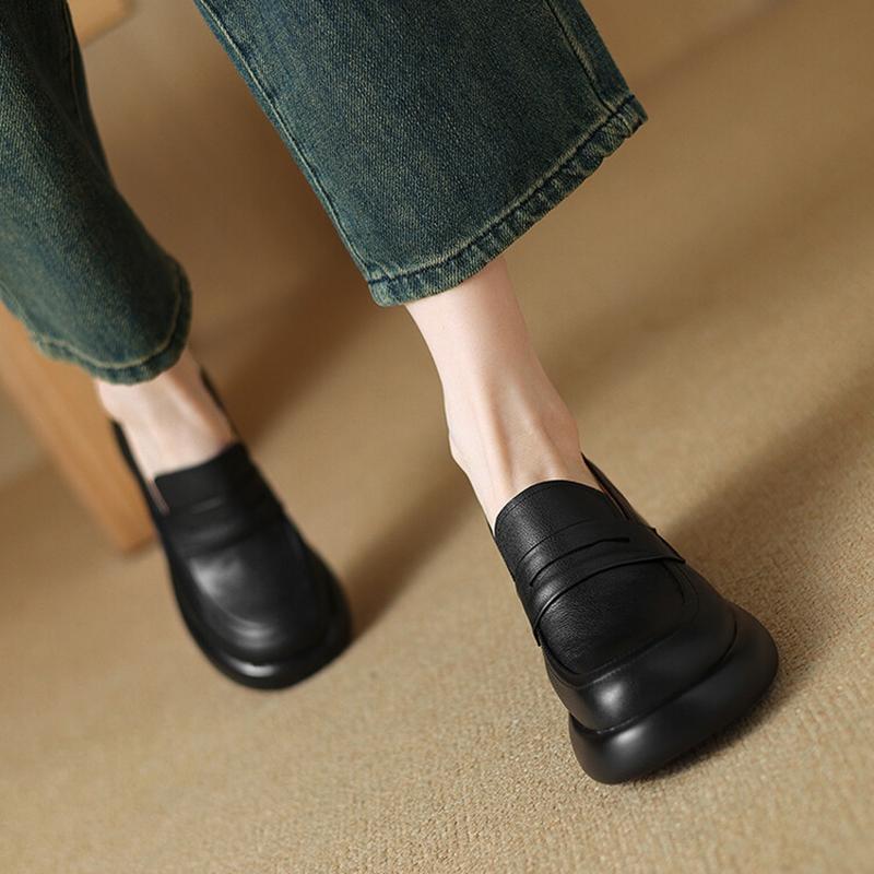 Fashion NEW Spring/Autumn Women Loafers Round Toe Chunky Heel Shoes Genuine Leather Shoes for Women Slip-on Platform Shoes Women Pumps