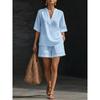 Women Solid V-Neck Top & Shorts Two Piece Matching Set, Casual Outfit for Spring Summer