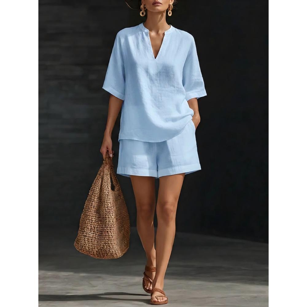 Women Solid V-Neck Top & Shorts Two Piece Matching Set, Casual Outfit for Spring Summer