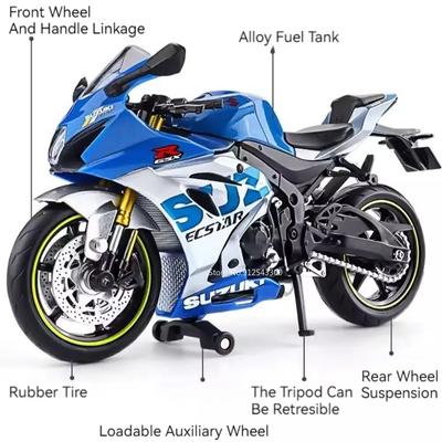 1:12 Scale SUZUKI GSX R1000R Motorcycle Model Toy Alloy Body Rubber Tire Motor Models Free Wheeling Shock Absorption Kids Gifts