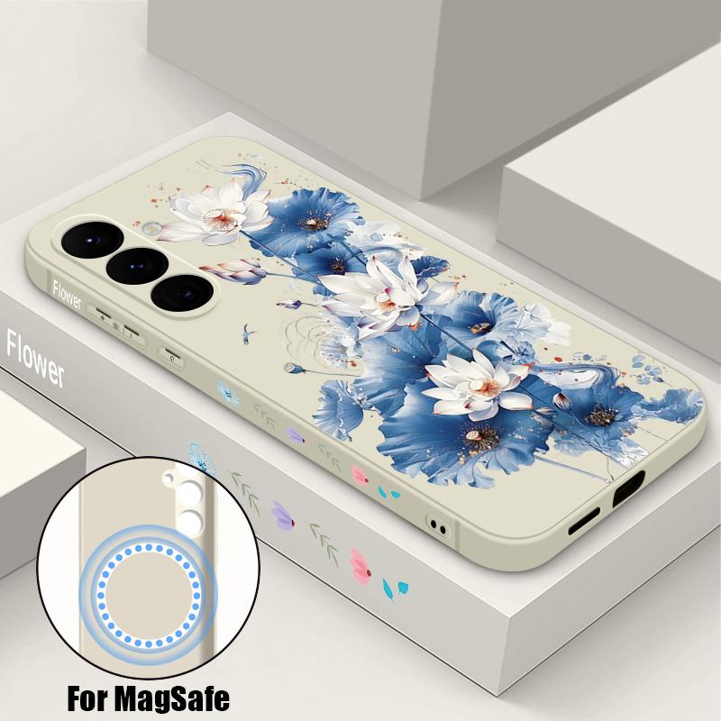 

Luxury Blue Flowers Print Case For Samsung Galaxy S26 S25 Ultra S24 S23 FE S22 Plus S21 Built-in Metal Plate Magnetic Silicone Cover Samsung S25 Plus белый