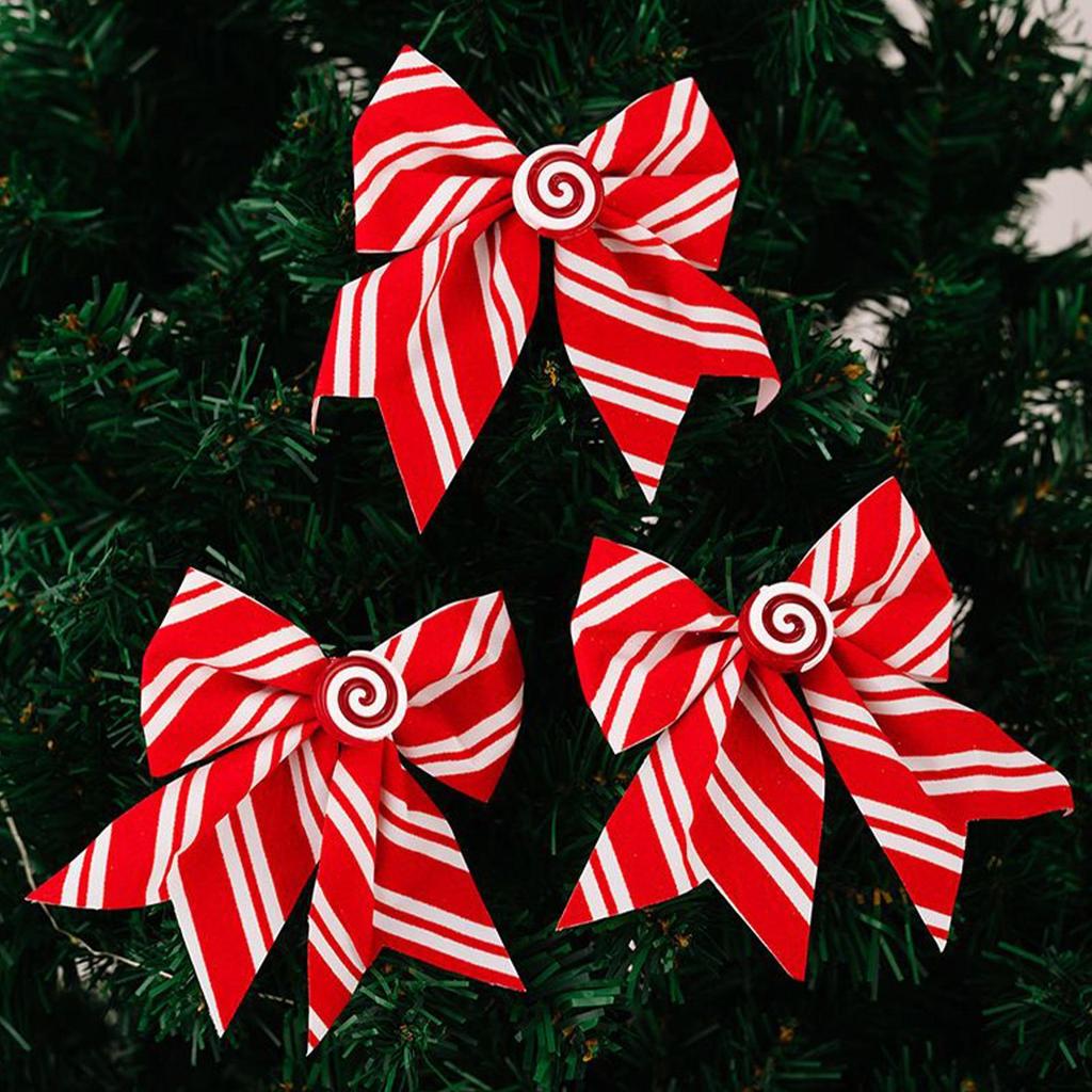 Bows 12Pcs Christmas Decoration Supplies Red and White Striped Bow Candy Sponge Bow Pendant Christmas Xmas Tree Decoration