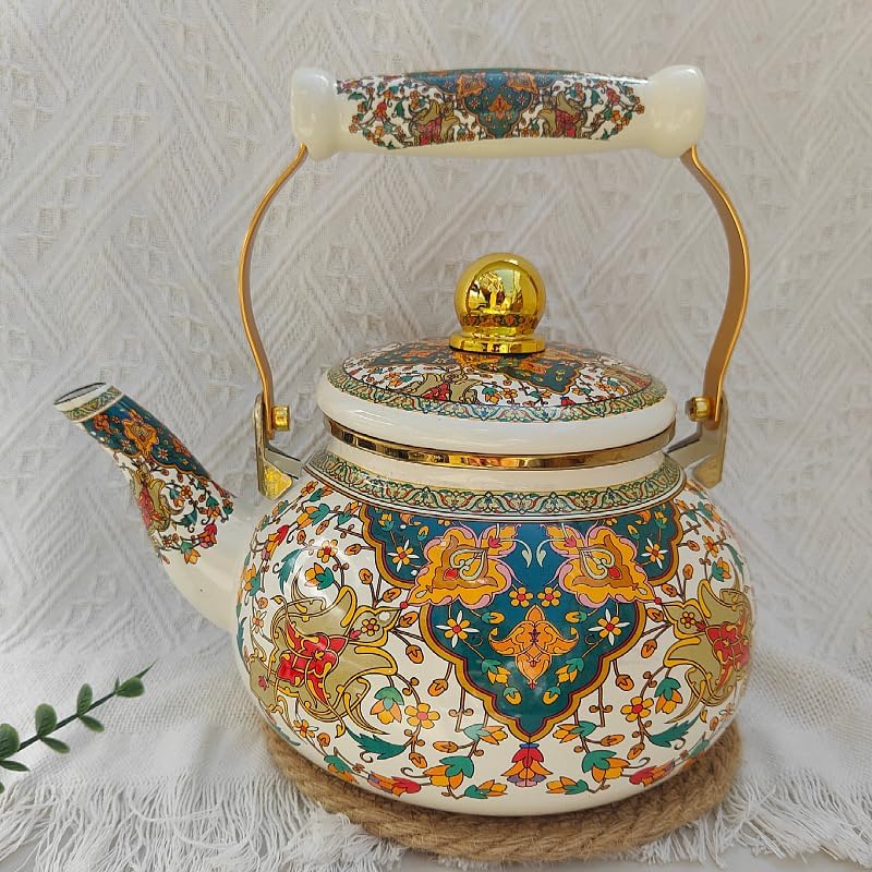Floral Enamel Tea Kettle Vintage Gold Beige Teapot Colorful Boho Hot Water Coffee Kettle Pot 2.5L Porcelain Tea Pot with Ceramic Handle for Stovetop