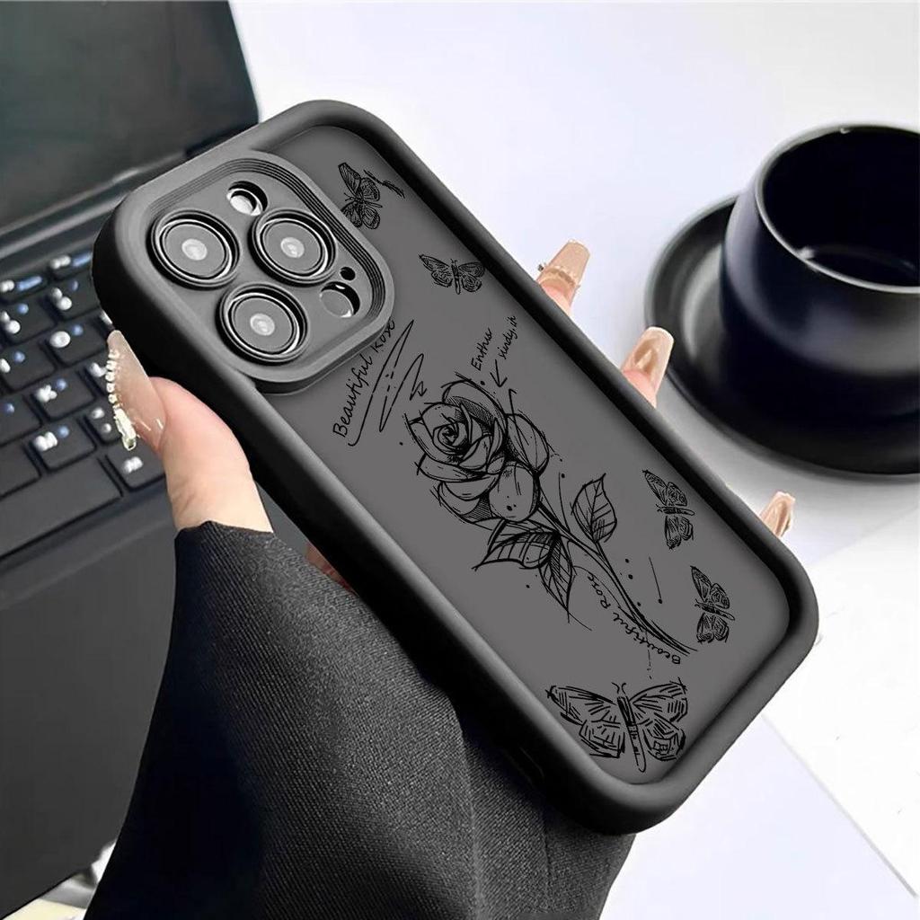 Sketch Rose Flower Design iPhone 14-17 Pro Max Case - Black Groove Edition