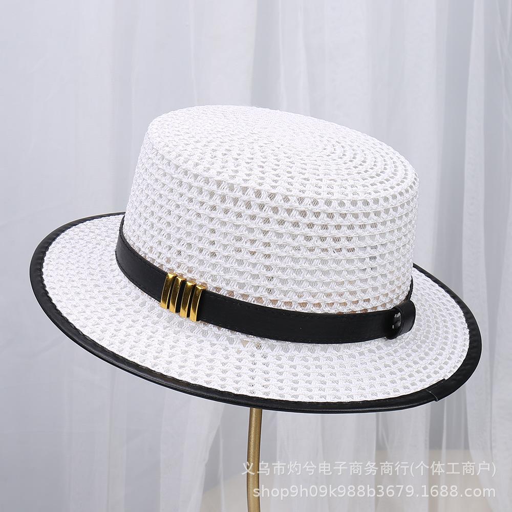 Hepburn Style Flat Top Straw Hat Women's New Sunscreen Sun Hat British Style Straw Woven Flat Edge Hat Summer Sunshade Hat