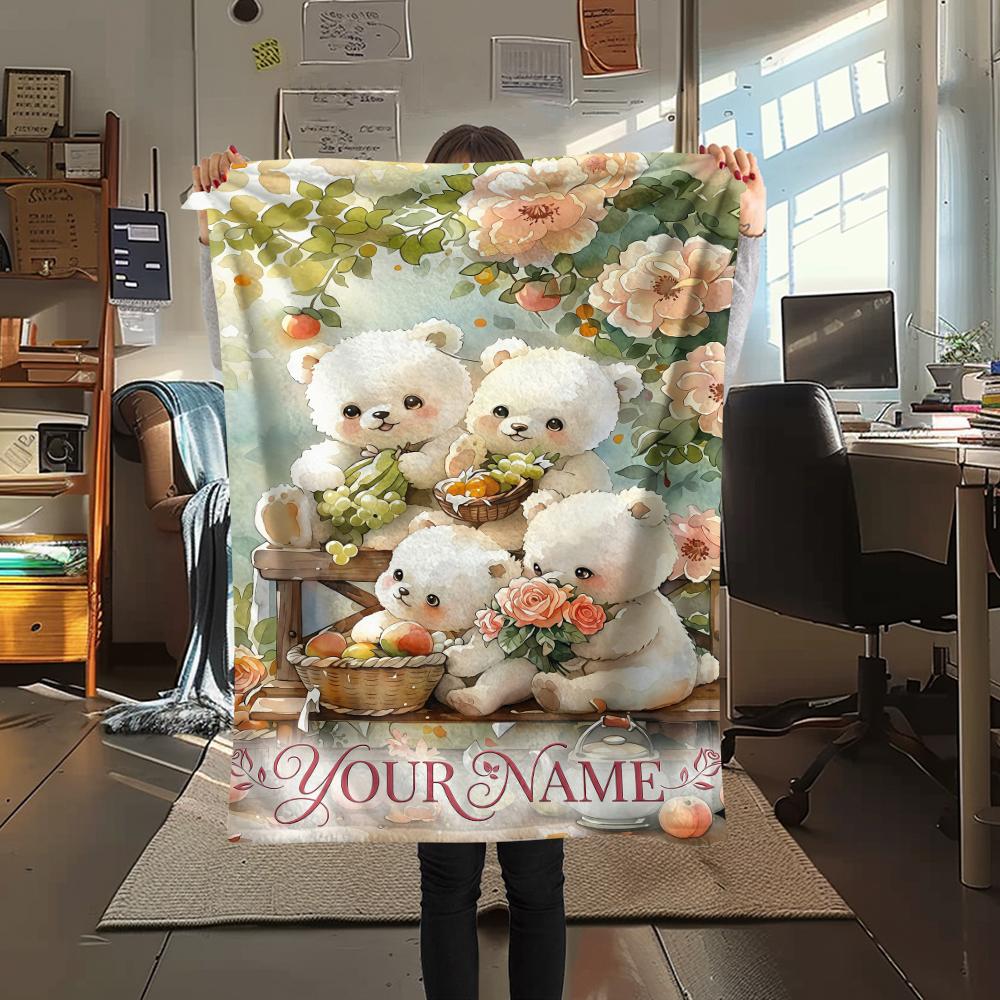 1PC Custom Name Floral Bears Harvest Patterned Flannel Blanket Suitable For All Seasons for Home Decor Warmth and Comfort Gifts Holiday Present_lx