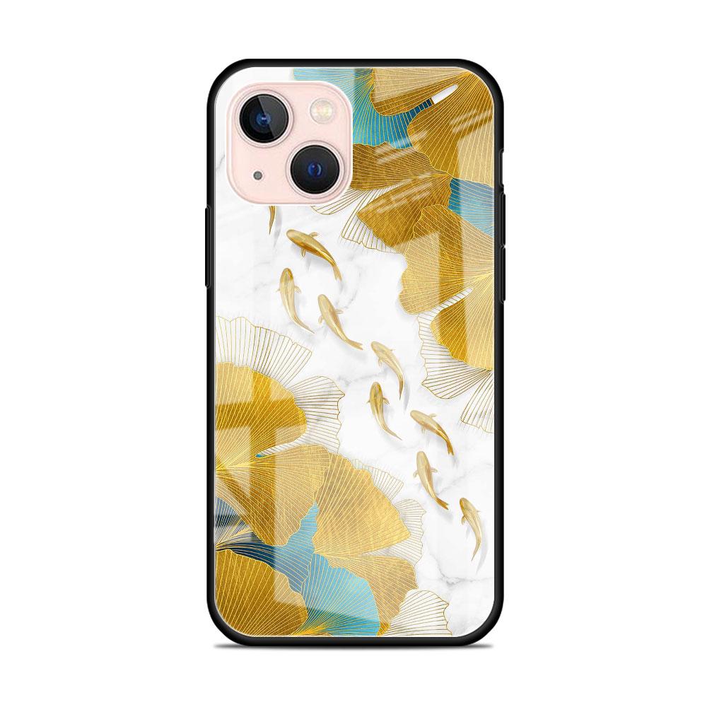 Glass Case For Apple iPhone 14 13 11 12 Pro 7 XR X XS Max 8 6 6s Plus SE 2022 13Pro Tempered Phone Tampa Ginkgo Gold Foil