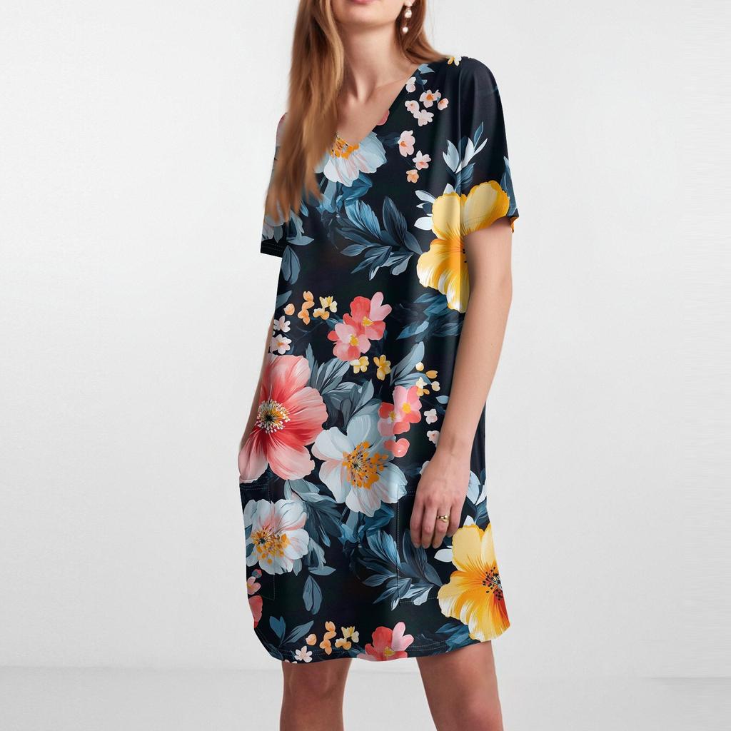 Women's Retro Flower And Leaf Print V-Neck Midi Pocket Short Sleeve Top