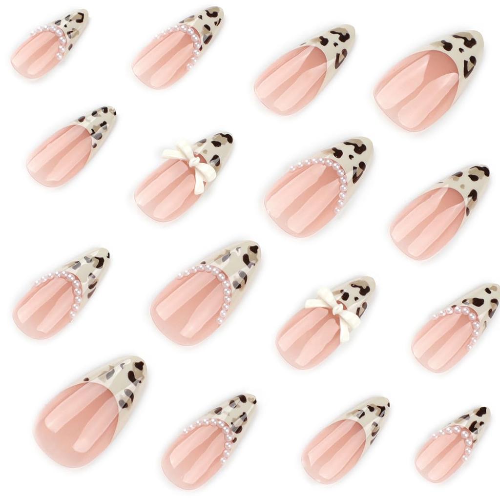 24Pcs Leopard Print French Tip Press On Nails Medium Almond Fake Nails Bow Glue On Nail 3D Pearl Gems Cute False Nails French Stick On Nail Bow