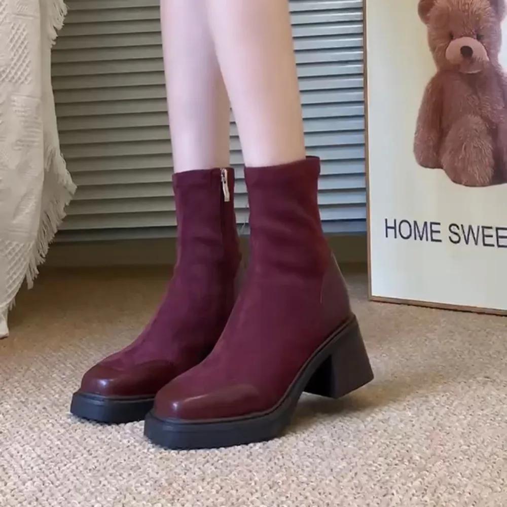 Fashion Suede Short Boots for Women Winter Thick Heel Square Toe Slimming and Elastic Boots New Red Xiuhe Wedding Shoes High Heels Women