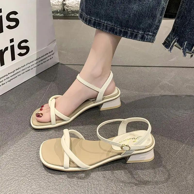 Fashion Women Low Heels Sandals 2024 Summer New Open-toed Square Head Chunky High Heels Ladies Fashion One-line Belt sandals Women Shoes