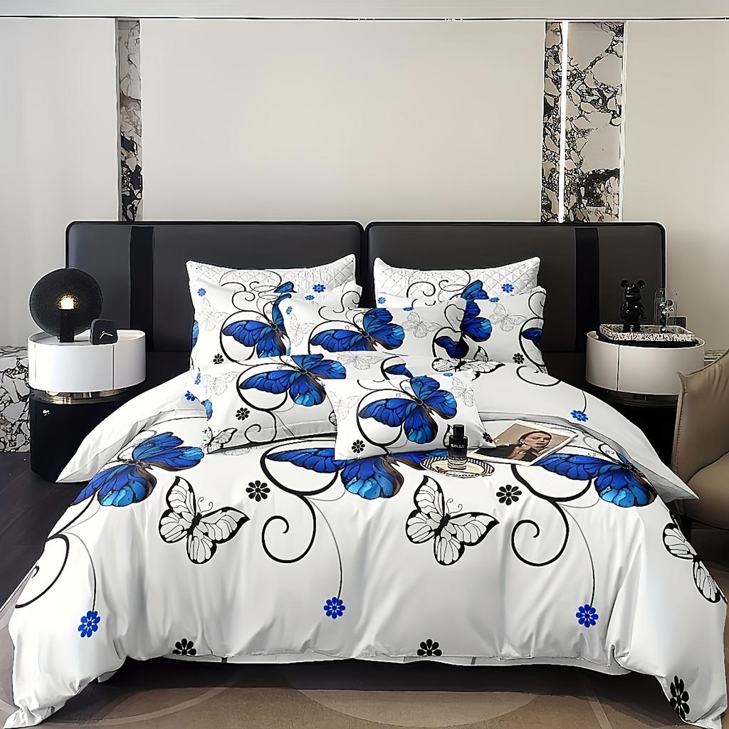 Ensemble de literie papillon bleu et floral Impression 3D Housse de couette Taie d'oreiller Respirant Sans plis Pour décoration de chambre