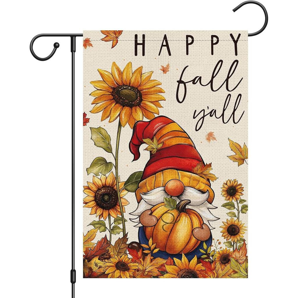 Happy Fall Y'all Gnome Garden Flag 12x18 Double-Sided Autumn Retro Pumpkin Sunflower Yard Flags for Thanksgiving Rustic Seasonal Outside Outdoor Decor