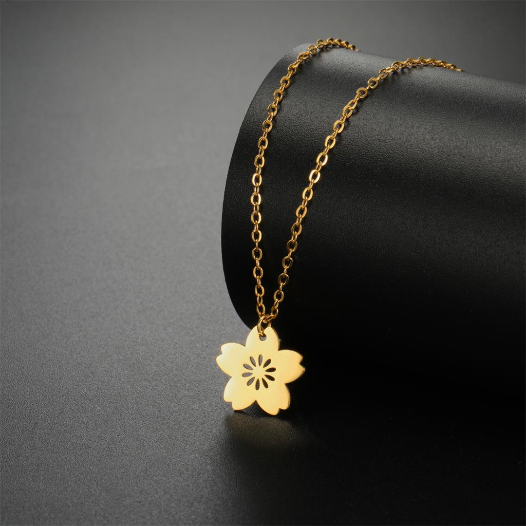 EUEAVAN Fashion Sakura Flower Necklace Stainless Steel Five-petaled Floral Pendant Necklaces for Women Girl Jewelry Gift