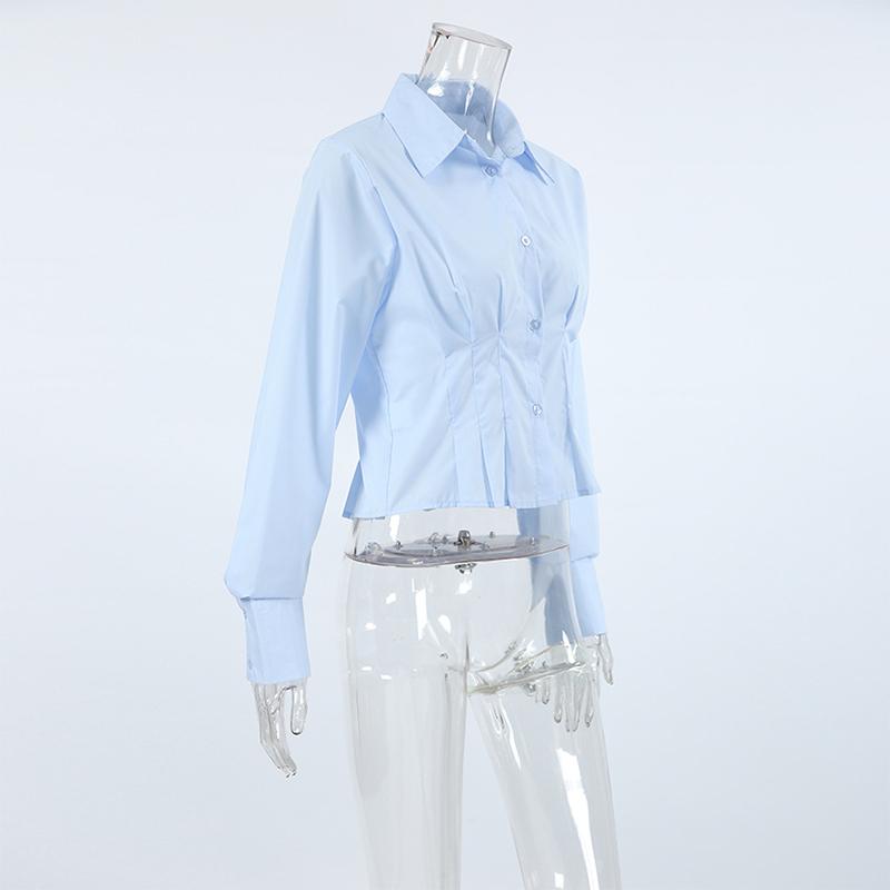 Plissert Slim Fit Topp Dame Bomullsskjorte Pendler Polokrage Langermet Ensfarvet Bluser Enkeltspent Kort Topp Elegant Kontordame Sommer
