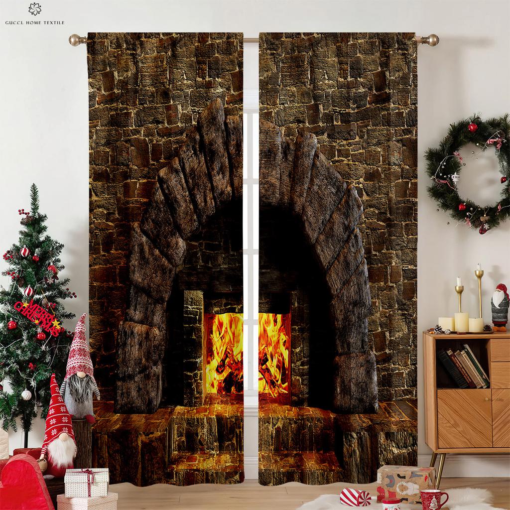 Perdele de Crăciun cu Imprimeu Fulg de Nea și Elan cu Aspect de Lemn, Perdele Decorative în Stil Retro Country pentru Dormitor, Living, 2 Buc.