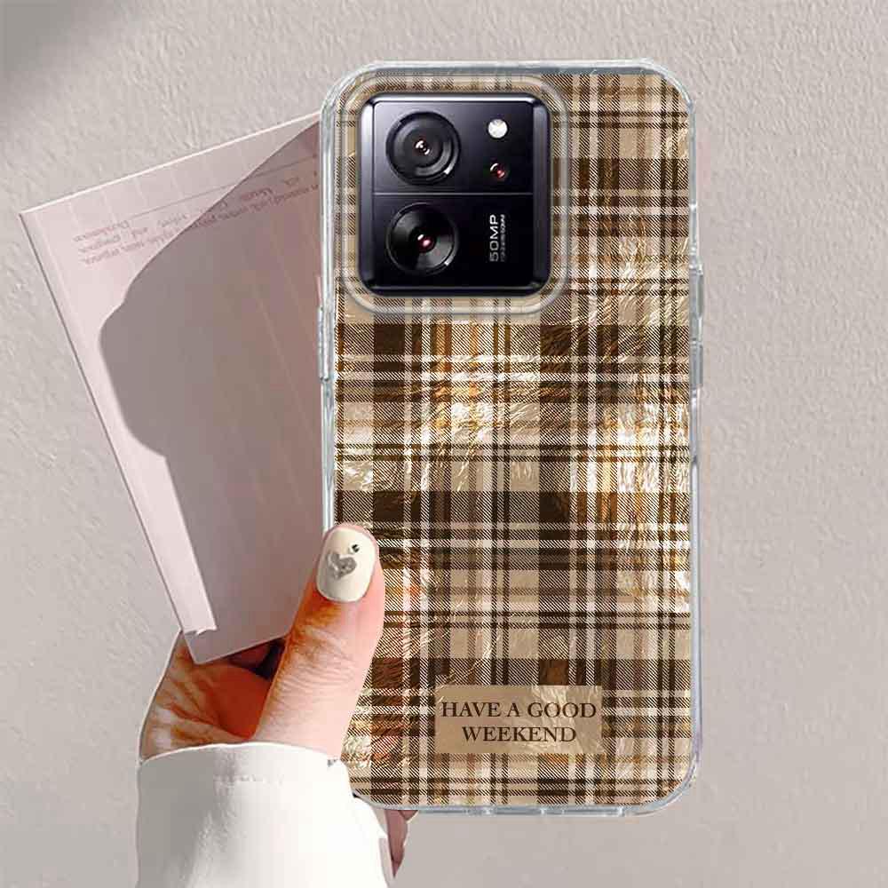 Brown Lattice Grid Pattern Girls Phone Case for Xiaomi 13T 14T 11 Lite NE Poco X5 M6 Pro X6 X7 X3 Pro NFC C65 C61 M5S Back Cover