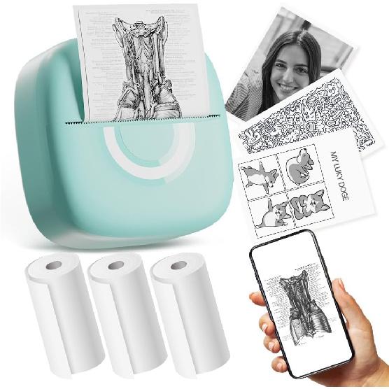 Mini Printer Sticker Thermal Printer with 3 Rolls Paper, Bluetooth Portable Phone Print Pods,Study Sticker Maker for Pictures, Photos, Journals, DIY,