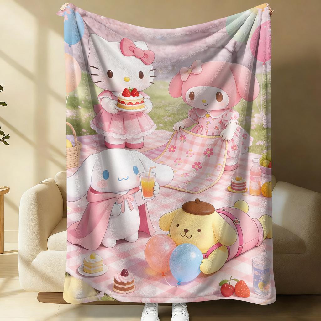 Sanrio Birthday Flannel Blanket Soft Cozy Plush Throw Kawaii Hello Kitty Sofa Bed Cover Office Nap Shawl Travel Camping Blanket