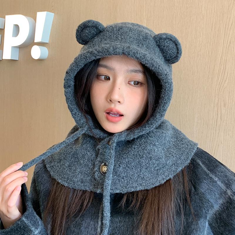 Balaclava hat autumn and winter hat women's thermal wool hat bear ears scarf integrated knitted hat