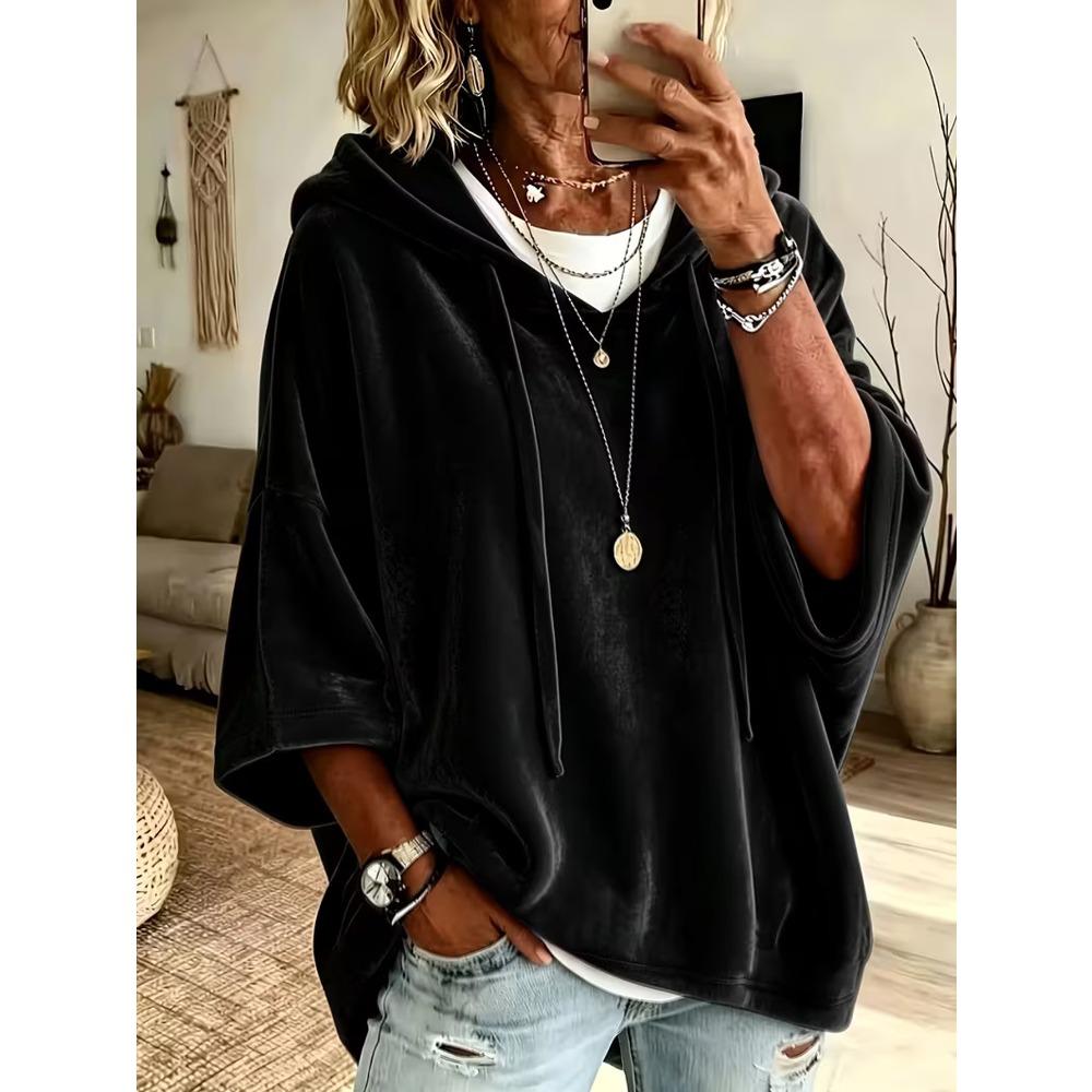 Damska gładka welurowa bluza z kapturem i rękawem 3/4, casualowy top hoodie na jesień zimę