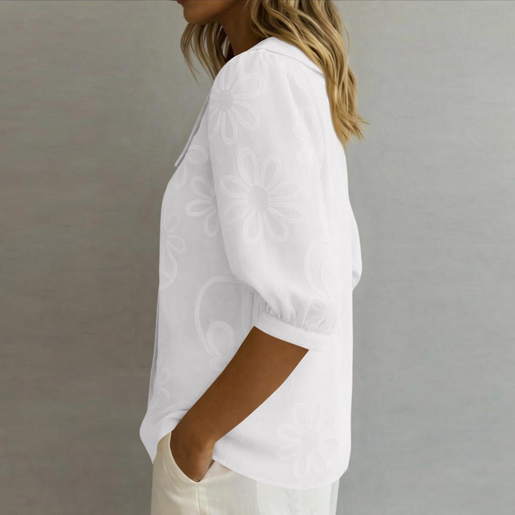 Camicia Casual da Donna con Ricami e Collo a Bambola