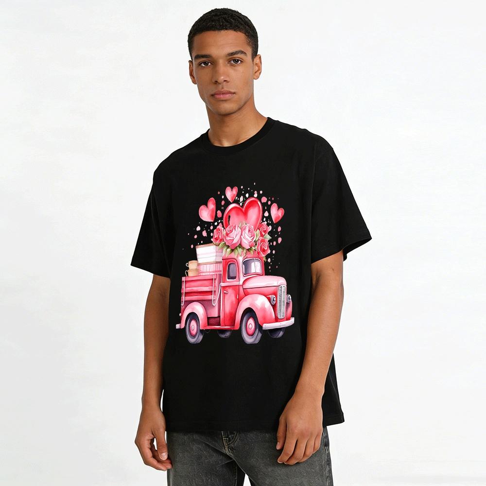 Romantic Heart Rose Vintage Truck Print Casual Top Pure cotton T-shirt