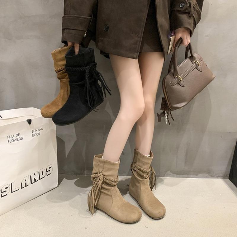 

Cowhide version inner height increase Martin boots short boots fringed women s boots autumn new small pile boots 40 хаки