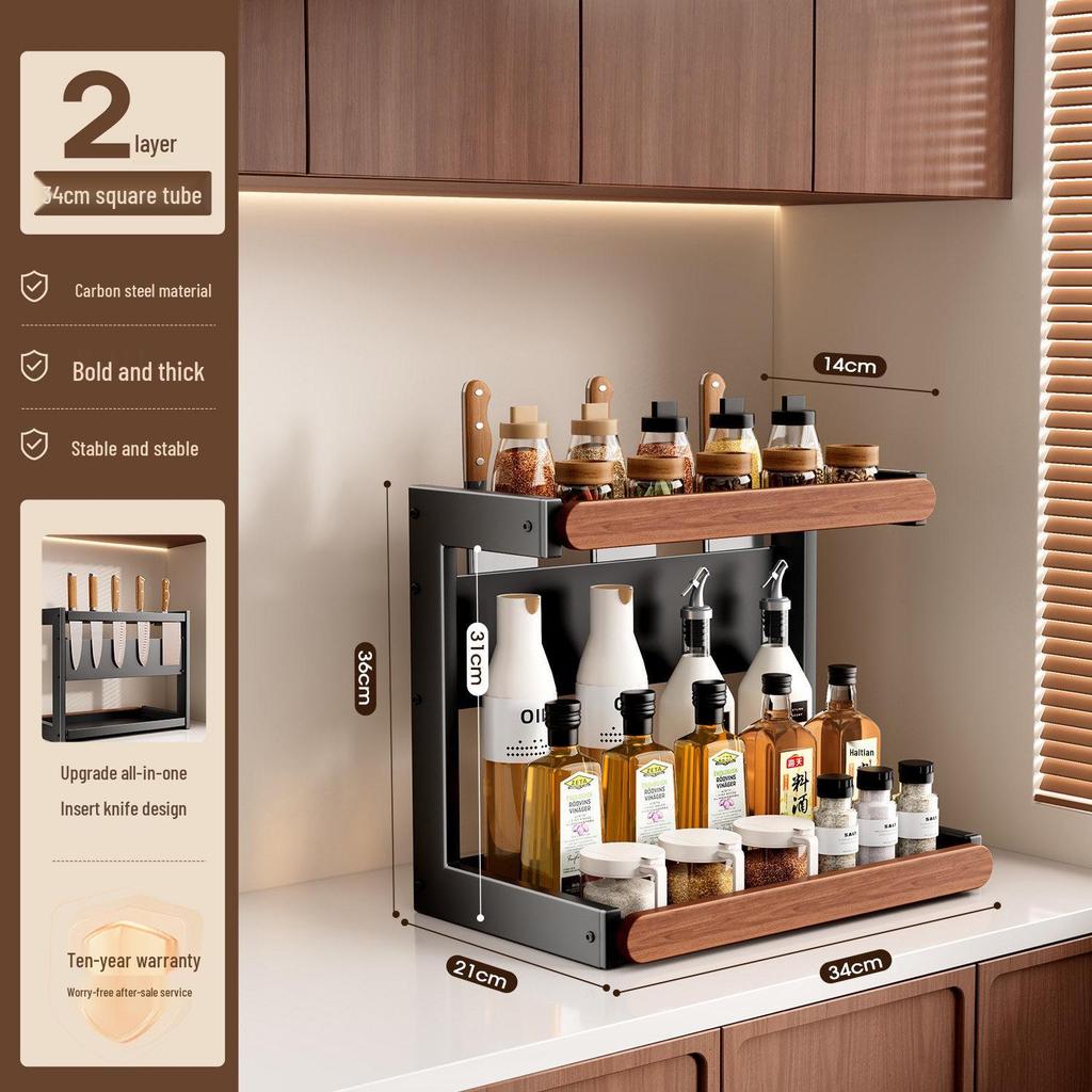 Retro Solid Wood Multi-Functional Kitchen Rack: Seasoning Storage, Jar and Bottle Holder, Knife Organizer.