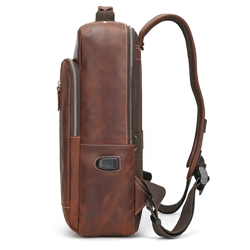 Retro Men's Crazy Horse Leather Backpack Laptop Backpack Leather Daypack Large Capacity Male Travel Backpack With USB Cable