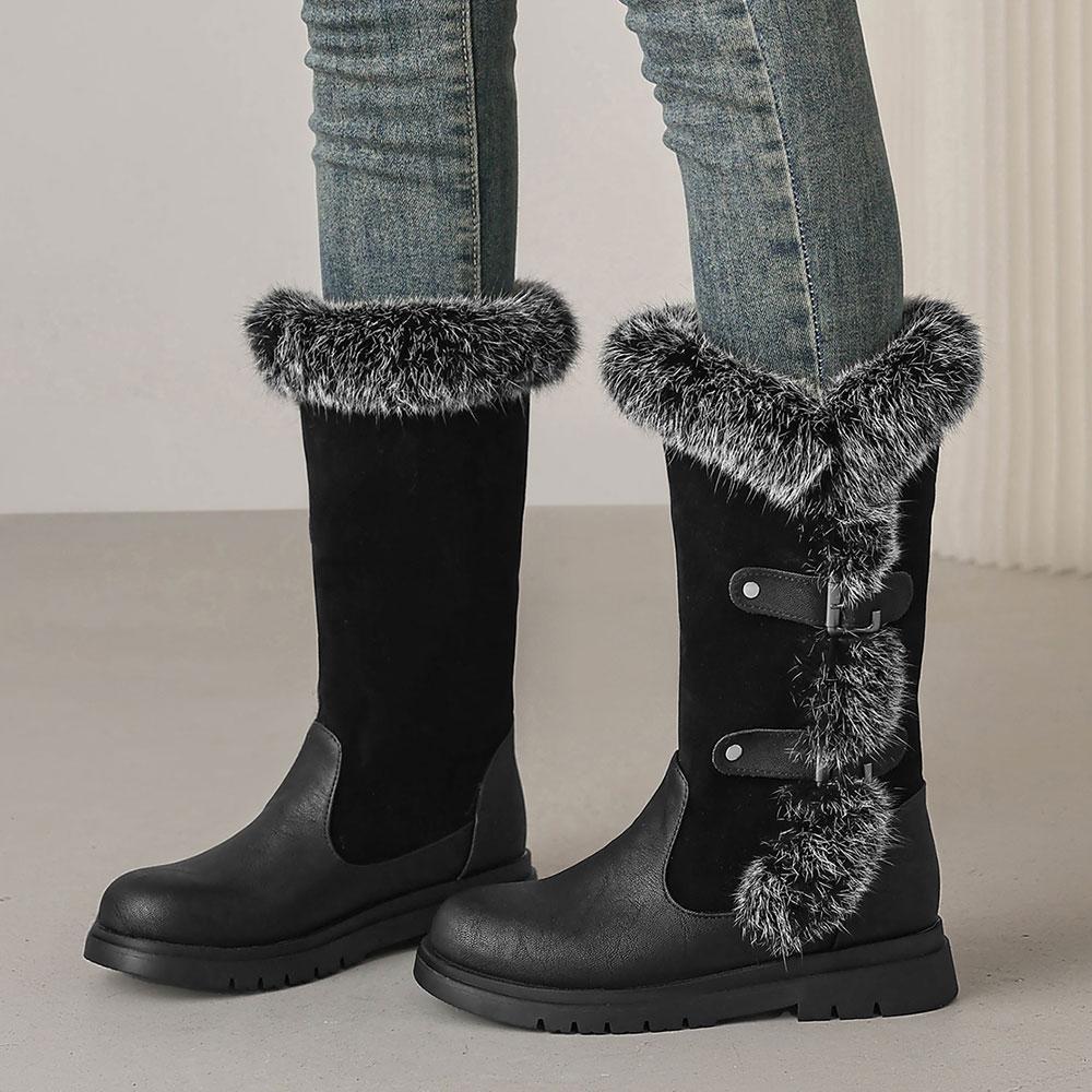 Small Plus Size 28-43 Women's Faux Fur Snow Boots Round Toe Buckles Thick Non-slip Sole Winter Warm Outdoor Mid Calf Boots Shoes