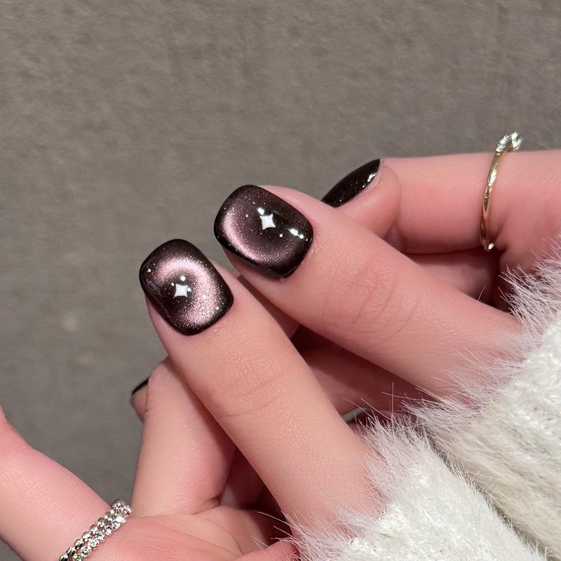 Xiaohongshu Dazzling Fireworks Crescent Purple Cat Eye Press-On Nails