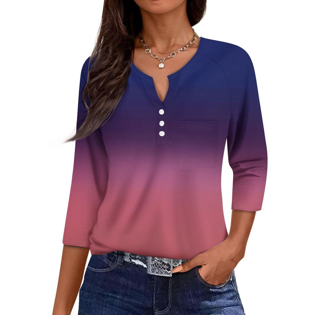 Damen Lässige Mode V-Ausschnitt Locker Vielseitig Farbverlauf Drei-Viertel-Ärmel