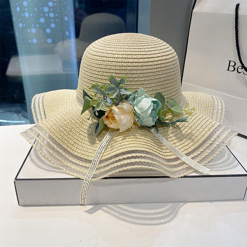 Straw Hat Women's Summer Sweet Big Eave Beach Hat Sun Hat Women's Summer Fashionable Flower Sun Hat Children