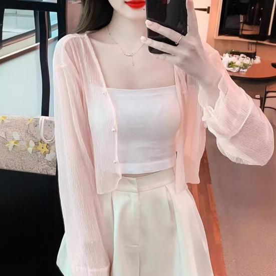 Women's Mesh Sheer Sun Jacket Long Sleeve Button Down Sun Shirts UV