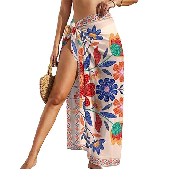 

Cover Up Skirt Loose Fit Beach Cover Up Flower Print Lace-up Anti-UV Swimwear Cover Up Vacation Beachwear B