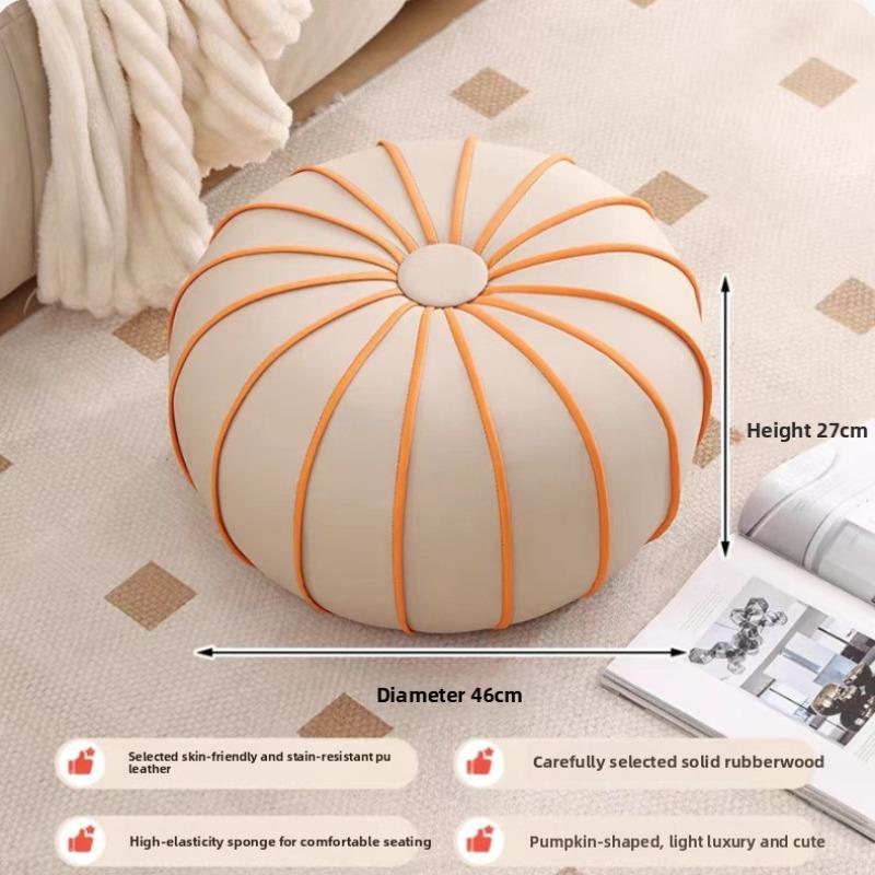 Leather Low Stool Luxury Pumpkin-Shaped Ottoman Cute Round Footrest for Living Room Sofa Shoe Changing Entryway Decor