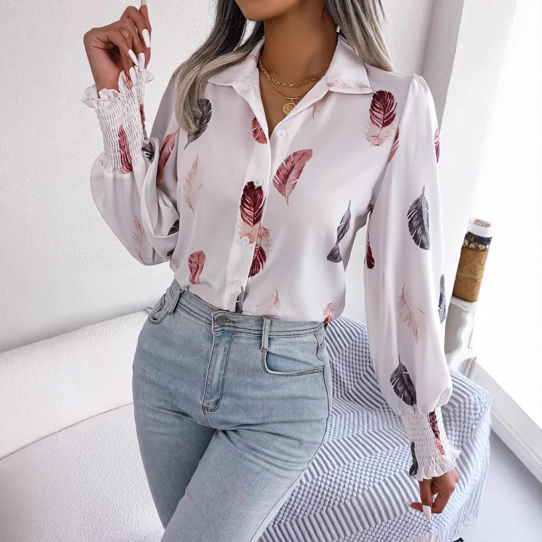 Women Feather Print Button Down Lantern Sleeve Blouse S белый