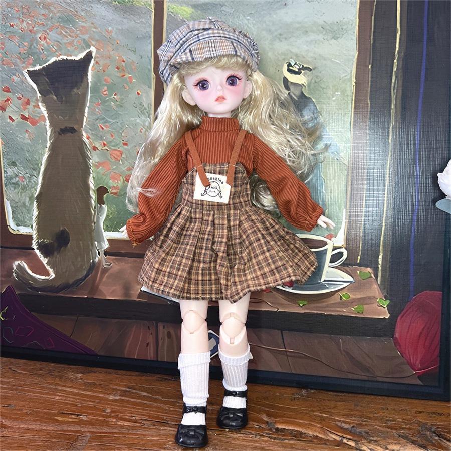 Vintage Brown Corduroy Plaid Skirt 6 Points BJD Doll Cottagecore Style Clothes Set 30cm Dolls Outfit Change Dress Up Accessories