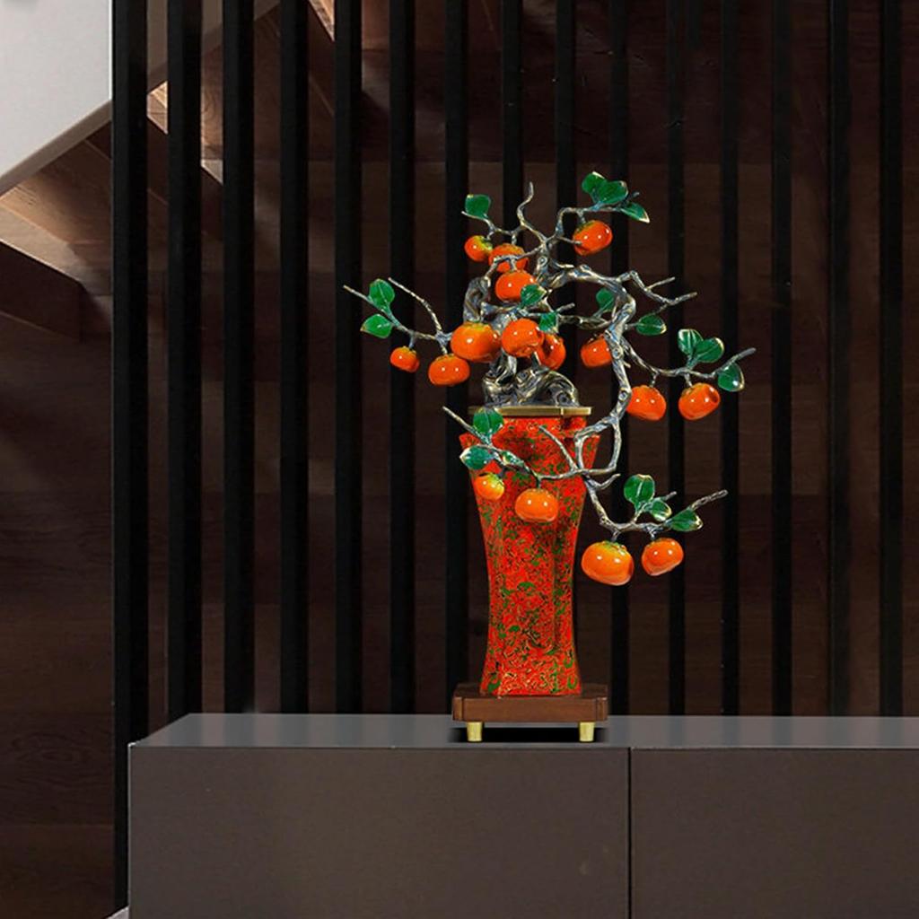 Exquisite Copper "Persimmon with Natural Lacquer Finish" Statue (GREEN) | New Chinese Style Feng Shui Decor for Wealth & Harmony, Perfect Home or