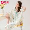 Fenteng [100% cotton outerwear] Summer new lace V-neck romantic short sleeved seven quarter pants pajamas women's home wear